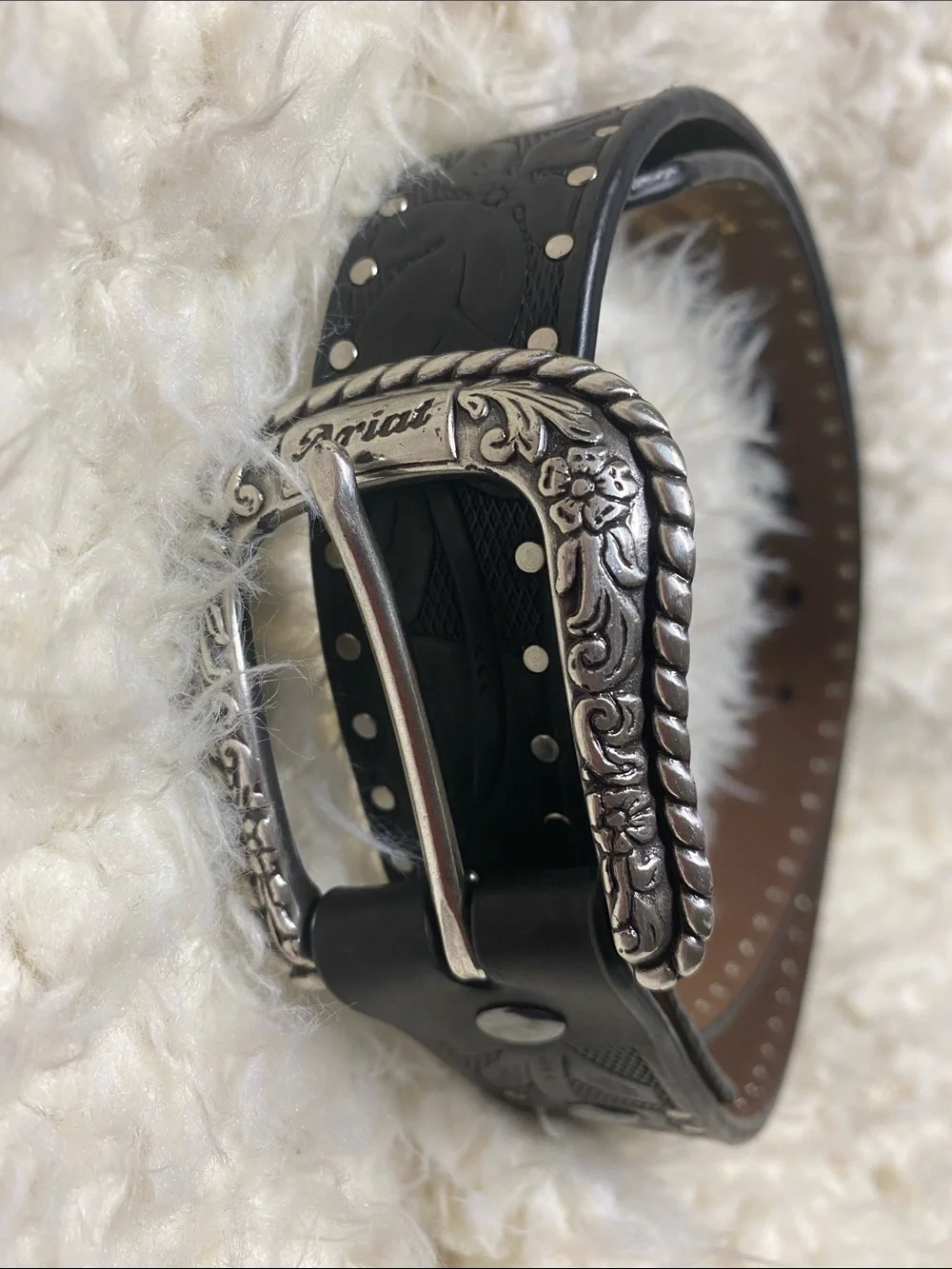 Ariat Black Genuine Leather Western/Biker Belt with Ornate Silver Buckle